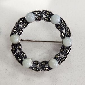 Sterling Wreath Brooch with Marcasites & Glass Beads, Vintage